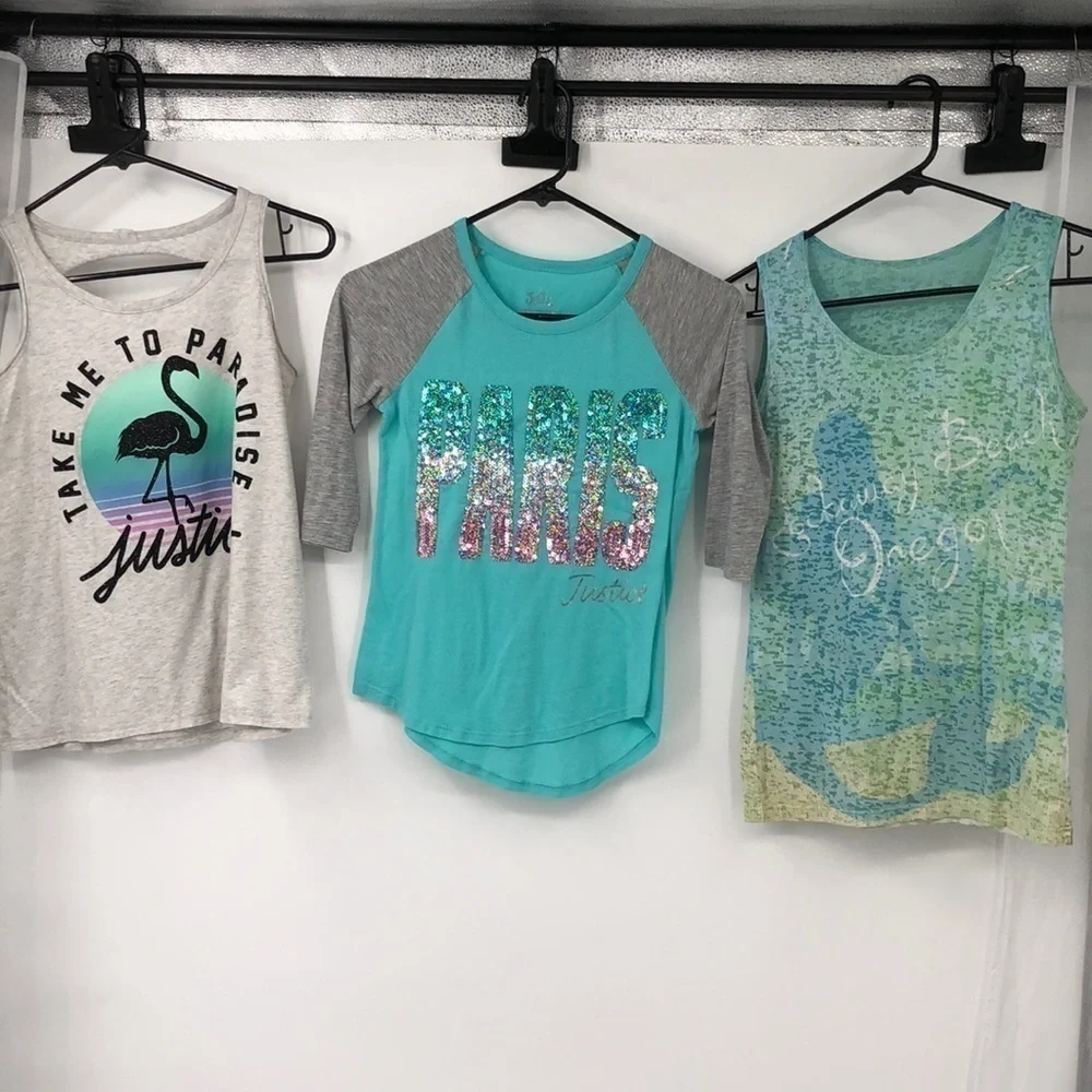 Lot of 3 Girls Tops all are about a Size 10 Justice Brand, Rockaway Beach in OR